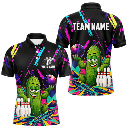 Maxcorners Colorful Bowling Jersey Funny Cactus Bowling Polo & 1/4 Zip For Men