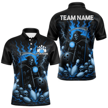 Maxcorners Funny Grim Reaper Motorcycle Bowling Shirts For Men Custom Blue Flaming Bowling Team Jersey