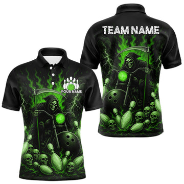 Maxcorners Funny Grim Reaper Motorcycle Bowling Shirts For Men Custom Green Flaming Bowling Team Jersey
