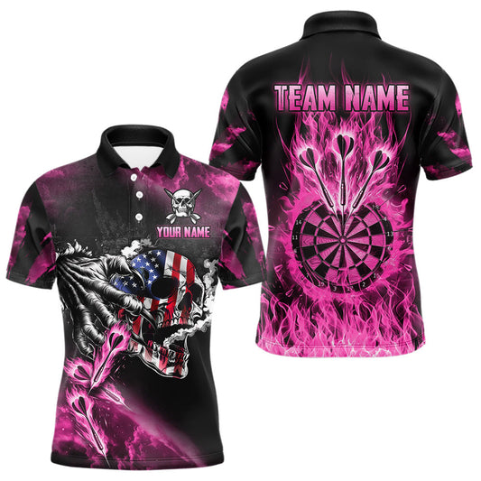 Maxcorners Fire Flame Darts Board American Flag Skull Dart Shirts For Men Custom Darts Team Jerseys |Pink