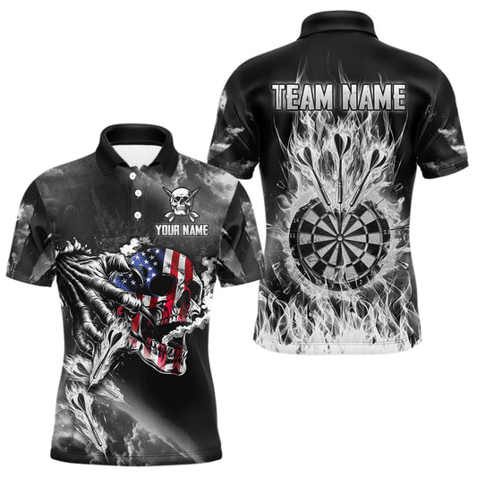 Maxcorners Fire Flame Darts Board American Flag Skull Dart Shirts For Men Custom Darts Team Jerseys |Grey