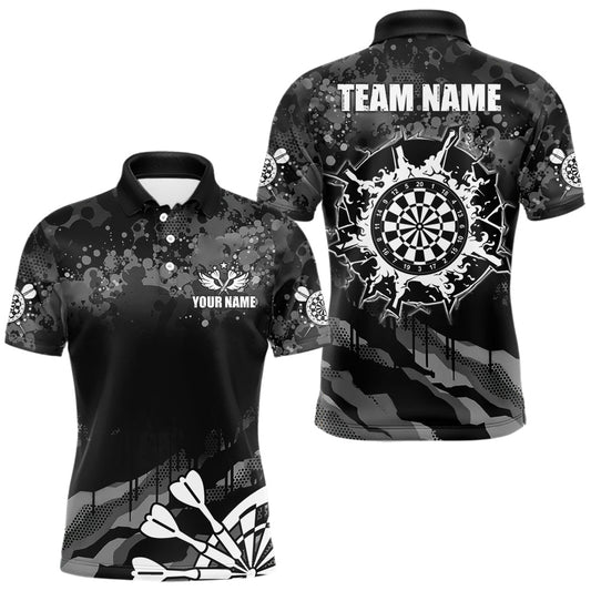 Maxcorners Black Grey Grunge Camo Darts Shirt For Men Custom Darts Jersey Team Polo & 1/4 Zip, Darts Uniform LM1005