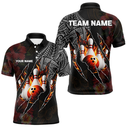 Maxcorners Personalized Hibiscus Flower Flame Bowling Shirt For Men, Tribal Bowling Team Jersey Polo, 1/4 Zip LM1005