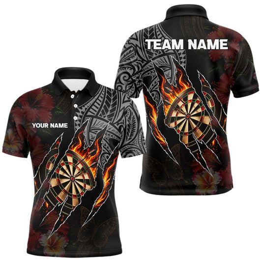 Maxcorners Personalized Hibiscus Flower Flame Darts Shirt For Men, Tribal Darts Team Jersey Polo & 1/4 Zip LM1005