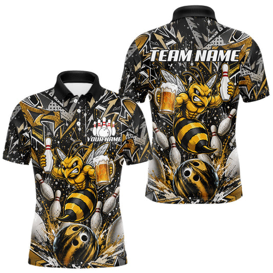 Maxcorners Yellow Funny Bee Graffiti Bowling Jersey For Men Custom Bowling Team Shirts, Bowling Gifts