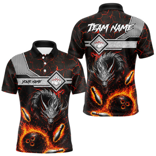 Maxcorners Personalized Fire Flame Dragon Bowling Shirts For Men, Bowling League Team Jersey Polo & 1/4 Zip
