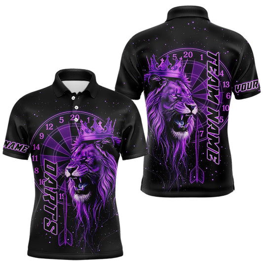 Maxcorners Black And Purple Funny Lion Crown Darts Shirt For Men Custom Darts League Jersey Polo & 1/4 Zip LM2603