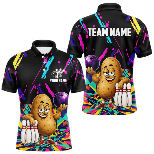 Maxcorners Colorful Bowling Jersey Funny Potato Bowling Polo & 1/4 Zip For Men Custom Bowling Team Shirts