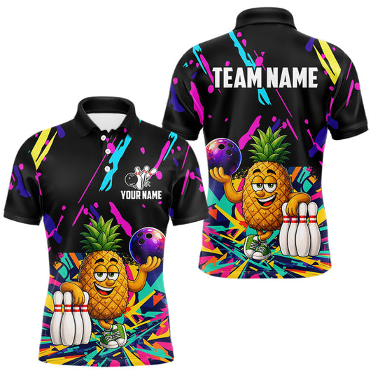 Maxcorners Colorful Bowling Jersey Funny Pineapple Bowling Polo & 1/4 Zip For Men Custom Bowling Team Shirts