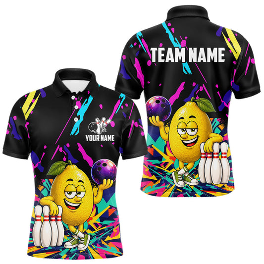 Maxcorners Colorful Bowling Jersey Funny Lemon Bowling Polo & 1/4 Zip For Men Custom Bowling Team Shirts