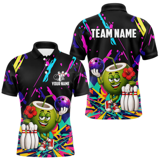 Maxcorners Colorful Bowling Jersey Funny Coconut Bowling Polo & 1/4 Zip For Men Custom Bowling Team Shirts
