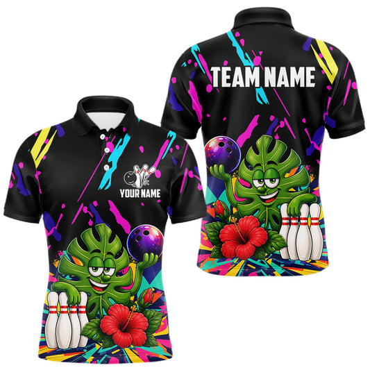Maxcorners Colorful Bowling Jersey Funny Monstera Hibiscus Bowling Shirts For Men Custom Bowling Team Shirts