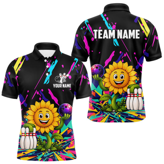 Maxcorners Colorful Bowling Jersey Funny Sunflower Bowling Polo & 1/4 Zip For Men Custom Bowling Team Shirts