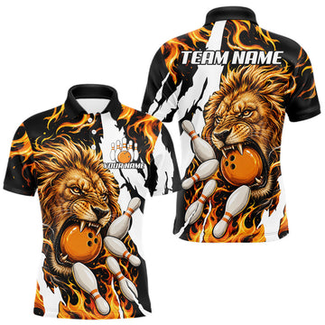 Maxcorners Personalized Orange Flame Lion Bowling Shirts For Men Custom Bowling League Team Jersey LM1307