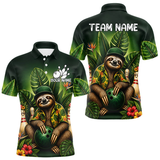 Maxcorners Custom Green Funny Sloth Tropical Bowling Shirts For Men, Bowling Team Jersey Polo & 1/4 Zip LM1705
