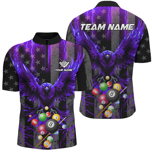 Maxcorners Purple American Flag Thunder Lightning Eagle Billiard Shirt For Men, 3D Pool Balls Billiard Jerseys