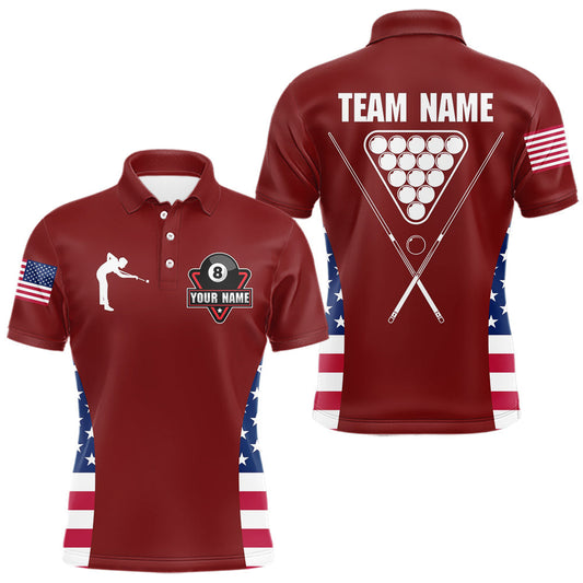 Maxcorners Personalized US Flag 8 Ball Pool Billiard Shirt For Men, Billiard Team Jersey Polo & 1/4 Zip |Red LM1112