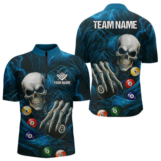 Maxcorners Personalized Blue Funny Skeleton Pool Balls Billiard Shirt For Men, Skull Billiard Team Jerseys LM1307