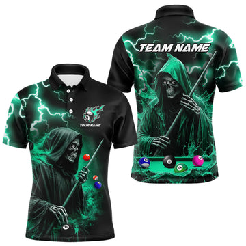 Maxcorners Turquoise Grim Reaper Billiard Shirts For Men Custom Thunder Lightning Team League Billiard Jersey LM1903