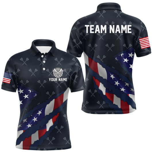 Maxcorners Navy Blue American Flag Darts Shirt For Men Custom Darts Polo & 1/4 Zip, Patriotic Darts Jersey LM2602