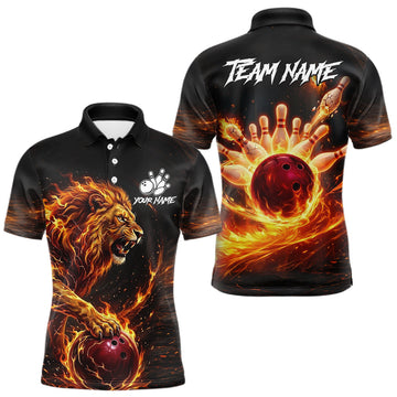 Maxcorners Personalized Fire Flame Lion Bowling Jersey For Men Custom Bowling Team Shirt Polo & 1/4 Zip