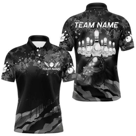 Maxcorners Custom Black And Grey Camo Bowling Shirt For Men, Grunge Bowling Team Jersey Polo & 1/4 Zip LM1705