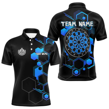 Maxcorners Blue Hexagons Halftone & Dartboard 3D Men's Darts Shirt - Custom Name For Players