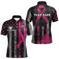 Maxcorners Custom Pink Ribbon Grunge US Flag Billiard Shirt For Men, Patriotic Breast Cancer Pool Team Jersey LM1708