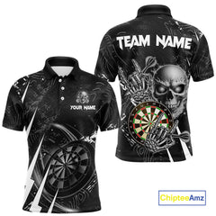 Maxcorners White Black 3D Skull Darts Polo & 1/4 Zip For Men Custom Darts League Team Jersey, Best Darts Gift LM1809
