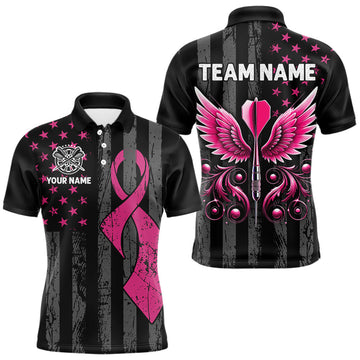 Maxcorners Custom Pink Ribbon Wings Darts Shirt For Men, US Flag Breast Cancer Darts Jersey Polo & 1/4 Zip LM1904