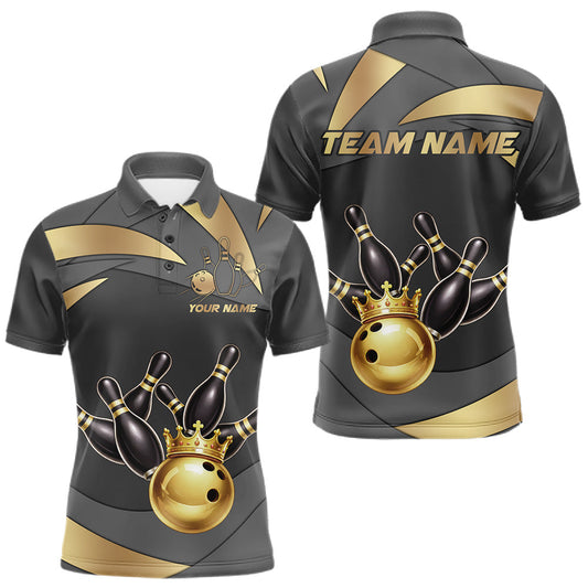 Maxcorners Black And Gold Bowling Shirt For Men Custom Crown Bowling Jersey, Bowling League Polo & 1/4 Zip LM1904