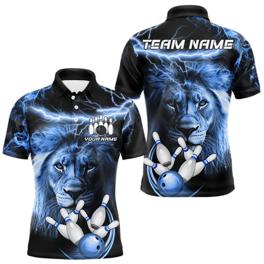 Maxcorners Personalized Blue Lightning Thunder Lion Bowling Shirts For Men Custom Bowling Team Jerseys