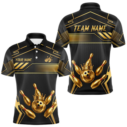 Maxcorners Black And Gold Custom Crown Bowling Ball Polo & Quarter Zip For Men, Bowling League Team Jersey LM1705