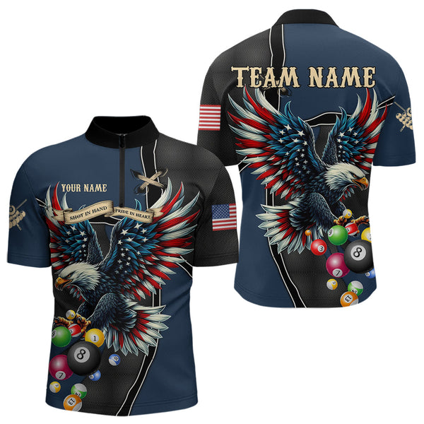 Maxcorners Shot In Hand Pride In Heart Custom Eagle Us Flag Blue Men'S Billiard Shirts, Billiard Team Jersey