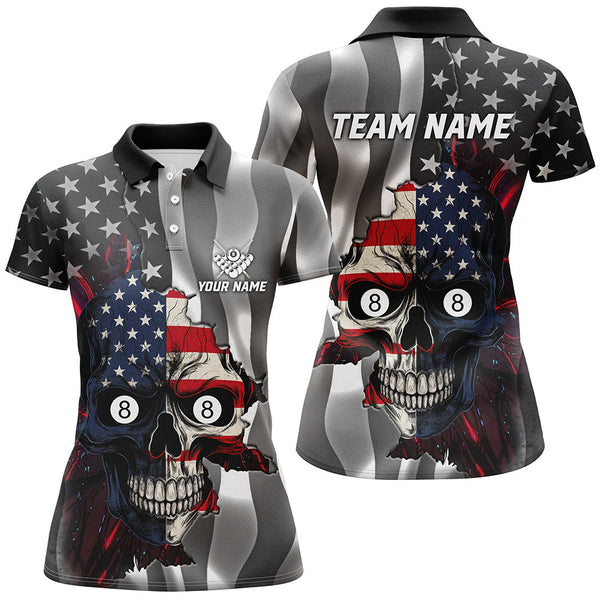Maxcorners Personalized Billiard Skull American Flag Men Polo Shirts Custom Patriotic Billiard Jerseys Attire LM054