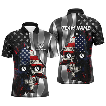 Maxcorners Personalized Billiard Skull American Flag Men Polo Shirts Custom Patriotic Billiard Jerseys Attire LM054