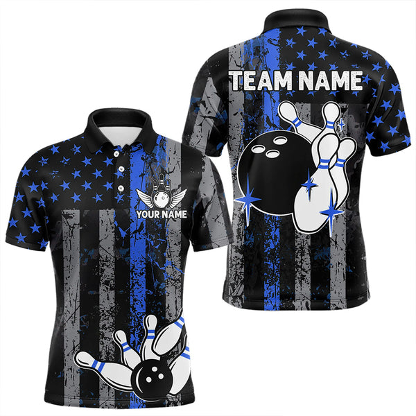 Maxcorners Blue Grunge American Flag Patriotic Bowling Shirt For Men Custom Bowling Team Jersey Polo, 1/4 Zip MT2009
