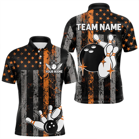 Maxcorners Orange Grunge American Flag Patriotic Bowling Shirts For Men Custom Bowling Team Jerseys MT2009