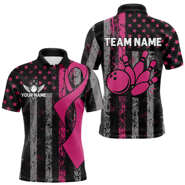 Maxcorners Custom Pink Ribbon Grunge US Flag Patriotic Bowling Shirt For Men, Breast Cancer Bowling Jerseys MT2009