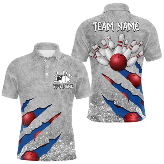 Maxcorners Custom Grunge Scratch Bowling Shirts For Men, Bowling League Team Jersey Polo & 1/4 Zip | Blue LM2306
