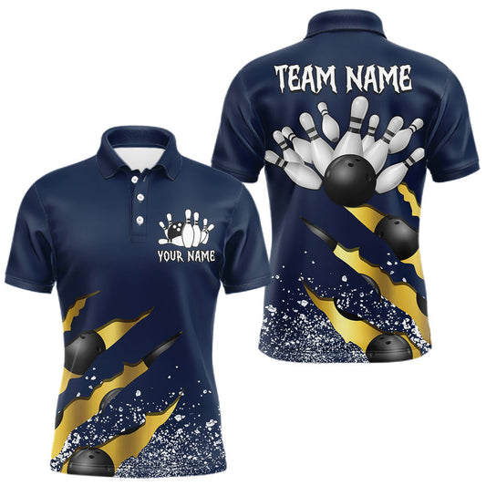 Maxcorners Custom Grunge Scratch Bowling Shirt For Men, Navy Blue And Gold Bowling Team Jersey Polo & 1/4 Zip LM2306
