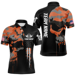 Maxcorners Orange Camouflage Skull Darts Shirt For Men Custom Patriotic US Flag Darts Jersey Polo & 1/4 Zip LM2011