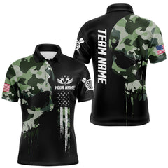 Maxcorners Green Camouflage Skull Darts Shirt For Men Custom Patriotic US Flag Darts Jersey Polo & 1/4 Zip LM2011
