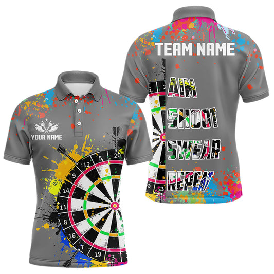 Maxcorners Funny Dartboards Colorful Paint Aim Shoot Swear Repeat Custom Men Darts Shirt, Dart Jerseys |Grey