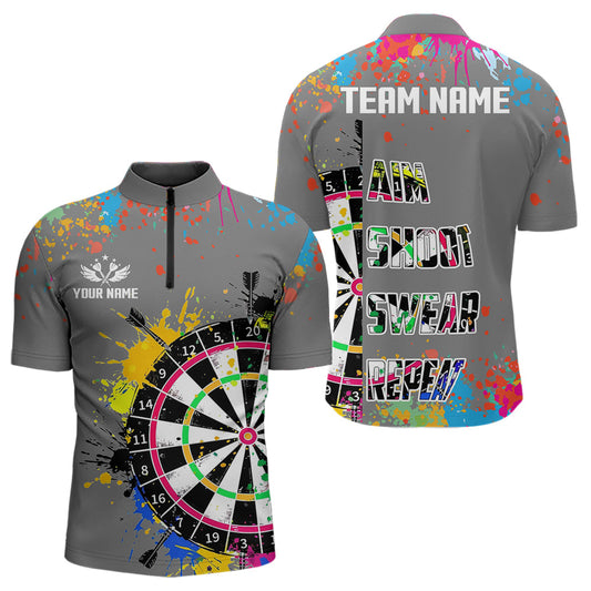 Maxcorners Funny Dartboards Colorful Paint Aim Shoot Swear Repeat Custom Men Darts Shirt, Dart Jerseys |Grey