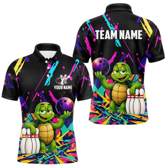 Maxcorners Colorful Bowling Jersey Funny Turtle Bowling Polo & 1/4 Zip For Men Custom Bowling Team Shirts