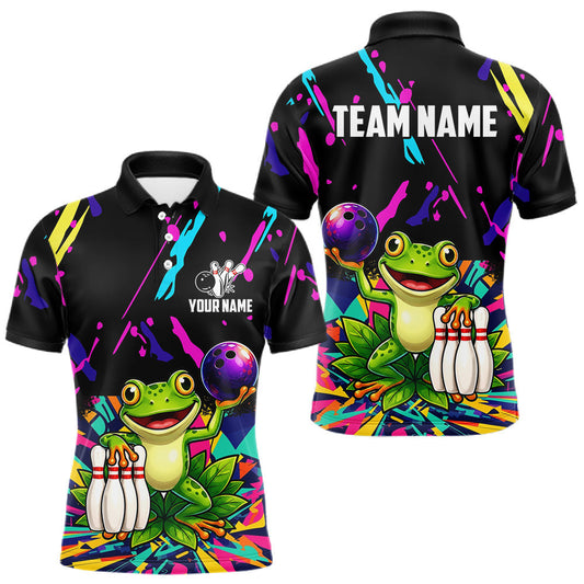 Maxcorners Colorful Bowling Jersey Funny Frog Bowling Polo & 1/4 Zip For Men Custom Bowling Team Shirts