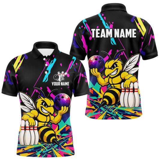 Maxcorners Colorful Bowling Jersey Funny Bee Bowling Polo & 1/4 Zip For Men Custom Bowling Team Shirts