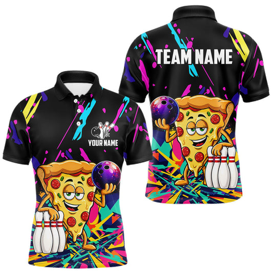 Maxcorners Colorful Bowling Jersey Funny Pizza Bowling Polo & 1/4 Zip For Men Custom Bowling Team Shirts