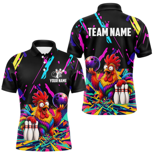 Maxcorners Colorful Bowling Jersey Funny Chicken Bowling Polo & 1/4 Zip For Men Custom Bowling Team Shirts